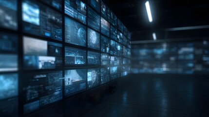 Fototapeta premium A comprehensive visualization of data streams and complex information displayed on multiple glowing screens within a futuristic control room