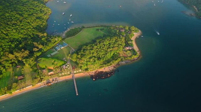 Aerial view of the calm lagoon named Saco do Ceu on the island of Ilha Grande near the town of Angra dos Reis in Brazil