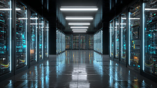 Modern Data Center Interior | Illuminated Server Racks with High Performance Computing and Secure Digital Infrastructure