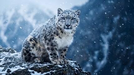 Fototapeta premium Majestic Snow Leopard Perched on Rocks During Heavy Winter Snow Blizzard in Wilderness