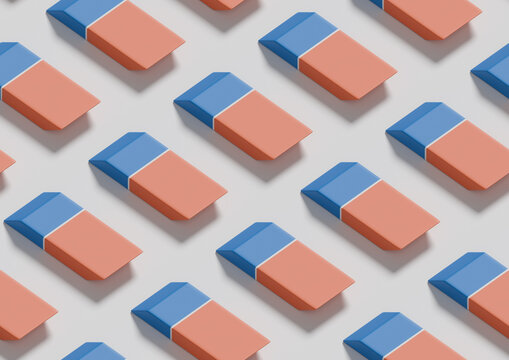 Isometric seamless pattern of pencil and ink eraser. 3D illustration.