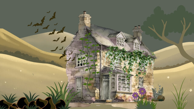 A view of an abandoned old house in the evening, with a swarm of bats emerging from the house. Dark green background.