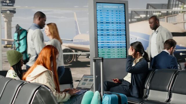 Woman carrying backpack and coffee cup in airport hub going to boarding gate. Businesspeople in airport lounge standing on benches doing work tasks on laptop, waiting for boarding call