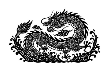 Fototapeta premium Majestic Dragon in Mystical Waters: A stylized depiction of a powerful dragon gracefully entwined amidst swirling waves and celestial clouds, exuding an aura of ancient wisdom and untamed energy.