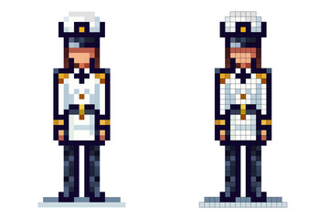 A female officer dressed in a formal white uniform with navy blue details and gold accents stands upright. The artwork is in pixel art style, showcasing a classic military look © MARI LI