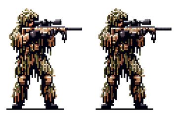 A soldier dressed in camouflage stands poised with a rifle, focusing intently on a target. The detailed pixel art showcases tactical gear and surroundings evoking a military atmosphere © MARI LI
