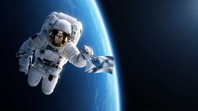 Astronaut floating in space holding flag with Earth in background  