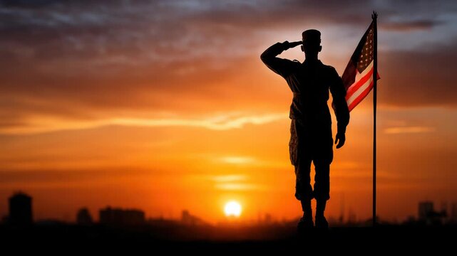 Soldier silhouette saluting the American flag against a vibrant orange sunset, symbolizing patriotism, honor, remembrance, and the sacrifice of military service