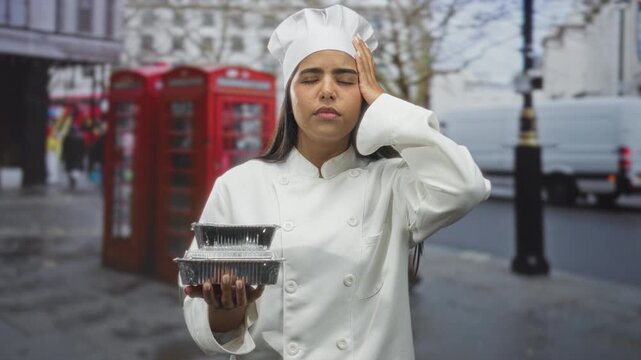 Young hispanic woman chef holding foil takeout containers, hand on head for headache on street; stress delivery shift.