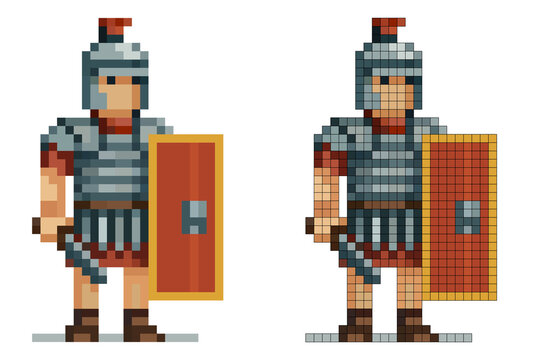 Pixel art character Roman legionary wearing a silver helmet with a red plume, segmented armor, holding a short sword and a rectangular shield, standing on a white background.