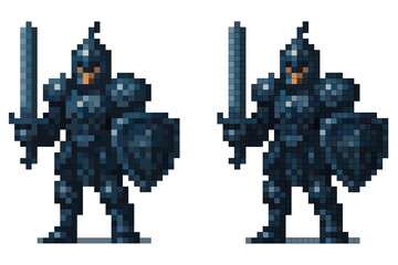 A pixelated knight stands confidently in full armor, gripping a sword in one hand and a shield in the other, embodying the spirit of classic video games from the 8-bit era © MARI LI