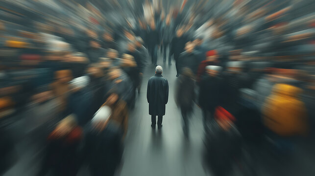Conceptual mental health image depicting anxiety, loneliness and emotional overwhelm in crowded society, symbolizing depression, stress and social isolation