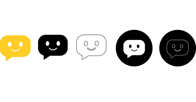 Minimalist chatbot icon set, cute AI assistant speech bubble symbols, 5 digital communication avatars in yellow and black, friendly robot chat icons