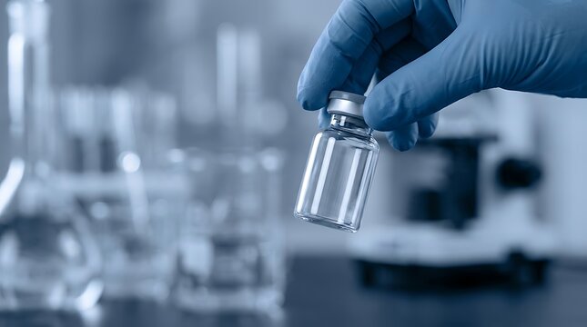 Scientist hand in blue glove holding empty glass medicine vial in research laboratory setting