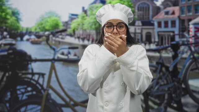 Young chef woman wearing white toque and coat and glasses, hands covering mouth in surprise beside parked bicycles along a canal by historic building; surprise curiosity.