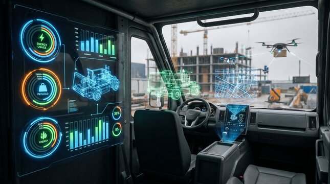Futuristic HUD Interface with Holographic Data Charts and Elements