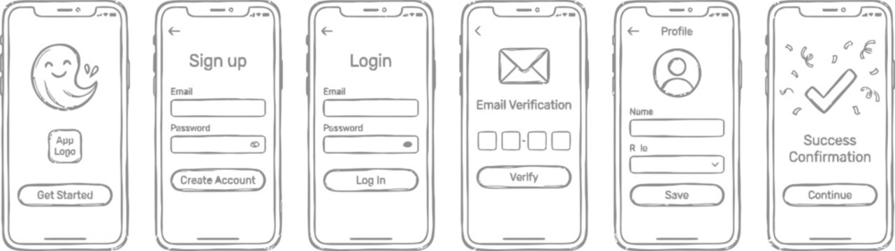 hand drawn mobile app ui wireframe set with onboarding login signup verification email and confirmation screens smartphone interface doodle elements in minimal style