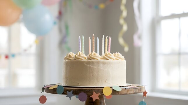 A joyful birthday cake with lit candles on a rustic stand, surrounded by pastel decorations, captured indoors with soft natural light for a festive celebration.