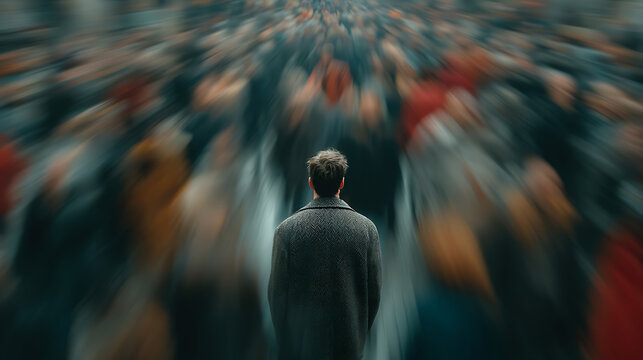 Conceptual image of anxiety, social isolation and mental overload, showing an individual standing still amid blurred crowds, symbolizing stress, overwhelm, loneliness and psychological pressure