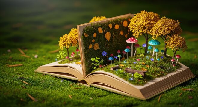 An open aged book resting on mossy ground, featuring miniature forest landscapes with tiny golden leaves and mushrooms sprouting from pages, fantasy, garden, ecosystem