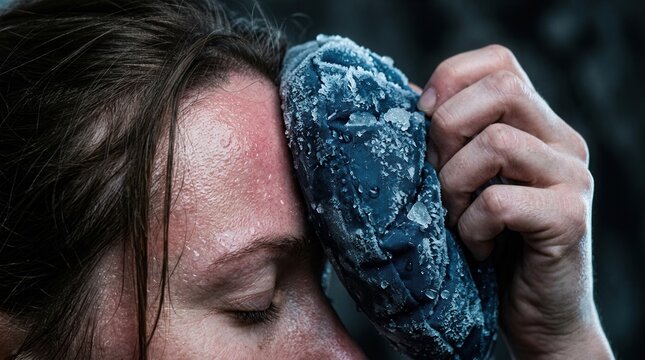 Applying Ice Pack To Soothe Headaches Or Bring Down High Temperatures