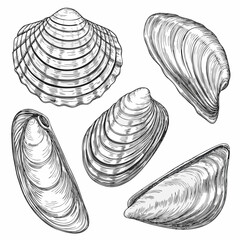 Engraved oyster shells vintage marine illustration on white background © KumariKamona