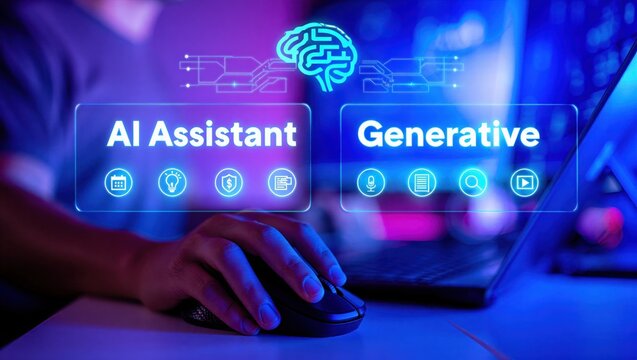AI agent, holographic robot assistant concept, digital interface showing generative AI functions for digital business productivity, AI agent work with holographic robot interface and assistant tools