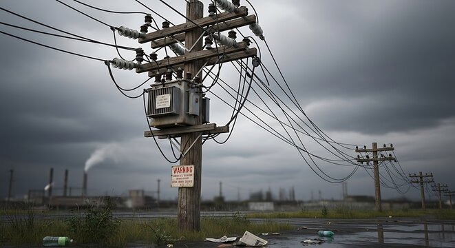 Utility pole with electrical lines against a dramatic overcast sky backdrop