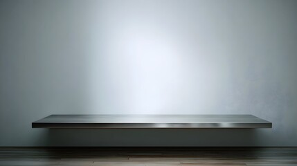 Obraz premium A minimalist wooden shelf resting on a warm wood floor against a soft gray gradient backdrop ideal for product presentation