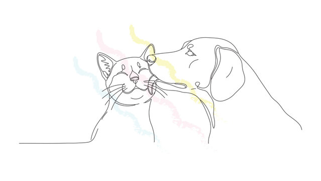 Minimalist one line drawing showing affectionate cat and dog friendship with colorful artistic brush strokes on clean white background.