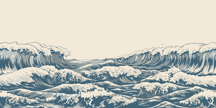 seamless ocean wave pattern continuous nautical illustration in blue tones