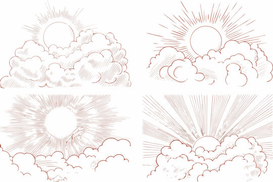 Sun and cloud engravings vintage style set of four