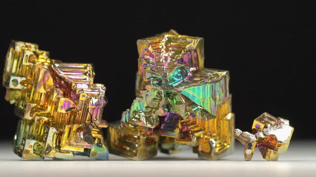 Bismuth crystals. Bismuth - chemical element with symbol Bi and atomic number 83. Post-transition metal and one of pnictogens. Synthesized bismuth crystal. Iridescent coloration is due to oxide film