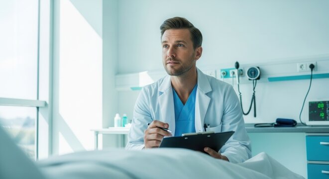 Attentive Doctor in a Hospital Room, Considering Patient's Medical Condition