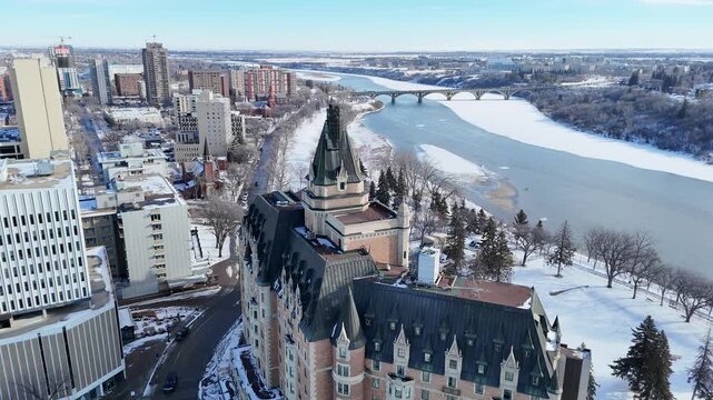 Winter aerial view of Saskatoon's downtown skyline