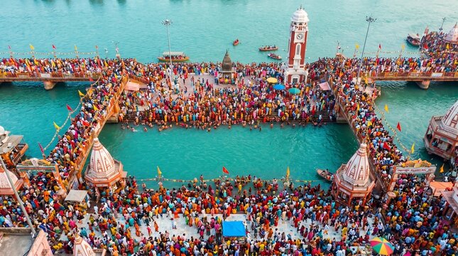 Aerial View of Massive Crowds Taking Holy Dip at Har Ki Pauri Haridwar During Ganga Dussehra Festival