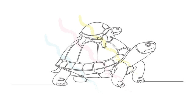 Continuous line art of turtle with baby resting on top of shell creative drawing featuring colorful brush strokes on white background.