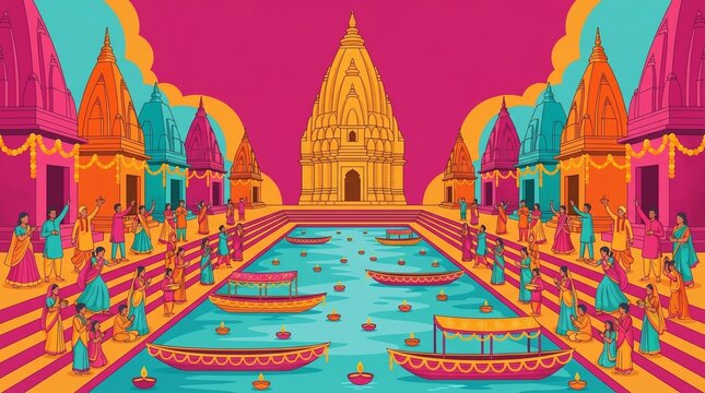 Colorful Flat Vector Illustration of Ganga Dussehra Festival Celebration at Varanasi Ghat with Temples and Floating Lamps