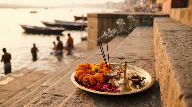 Traditional Hindu Pooja Thali with Marigold Flowers and Incense Sticks on Varanasi Ghat Steps During Ganga Dussehra