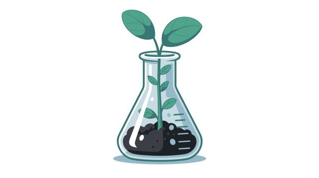 Glass beaker with 3D green plant sprout and soil &ndash; Ideal for biotech branding, agricultural science research, or sustainable tech blogs.