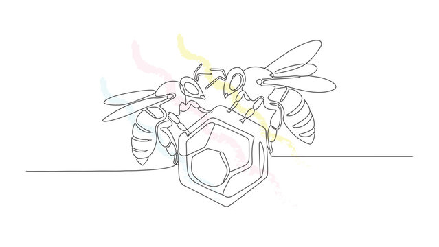 Two bees working together around single hexagonal honeycomb cell illustration continuous line art style creative graphic design concept.