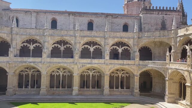 Jer&oacute;nimos Monastery interior in Lisbon with ornate arches and historic manueline architecture
