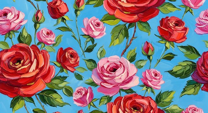 Vibrant rose floral pattern in red and pink on a blue background