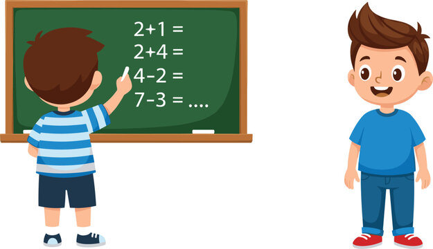 Cute school boy learning math vector illustration with child solving equations on classroom blackboard