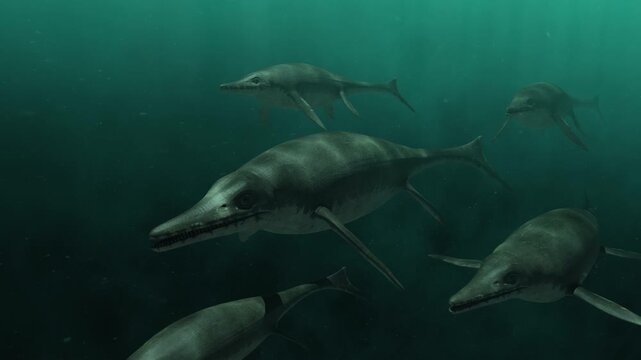 4k 3d animation of pod of Ichthyosaurs swimming together in a deep, emerald prehistoric ocean, perfect for YouTube channels, documentaries, and educational videos.
