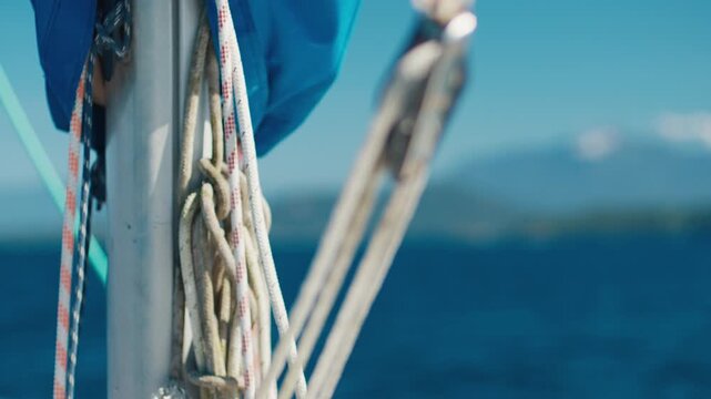 Details of the sailing boat slowly moving in the tropical calm sea during nice sunny day