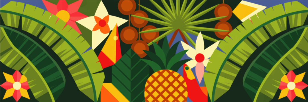 Colorful tropical jungle illustration with pineapple, palm leaves, exotic flowers, coconuts and parrot in flat geometric style