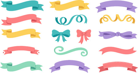 Colorful vector ribbons and bows set for decorative design elements featuring various shapes and styles for creative invitations and festive greeting cards © Firdaus