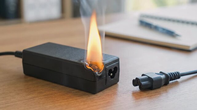 Laptop power adapter burning and smoking on wooden table after short circuit in office environment