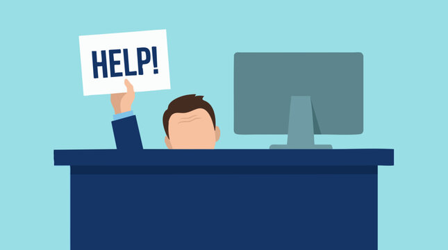 Overwhelmed office worker holding 'HELP!' sign, struggling with work stress